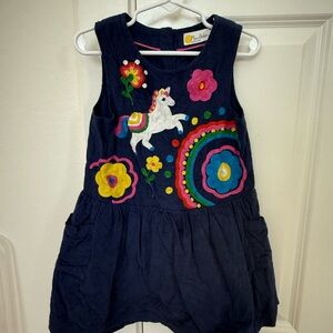 Mini Boden Navy Dress with Rainbow, White Unicorn & Multicolor Flower Appliqués